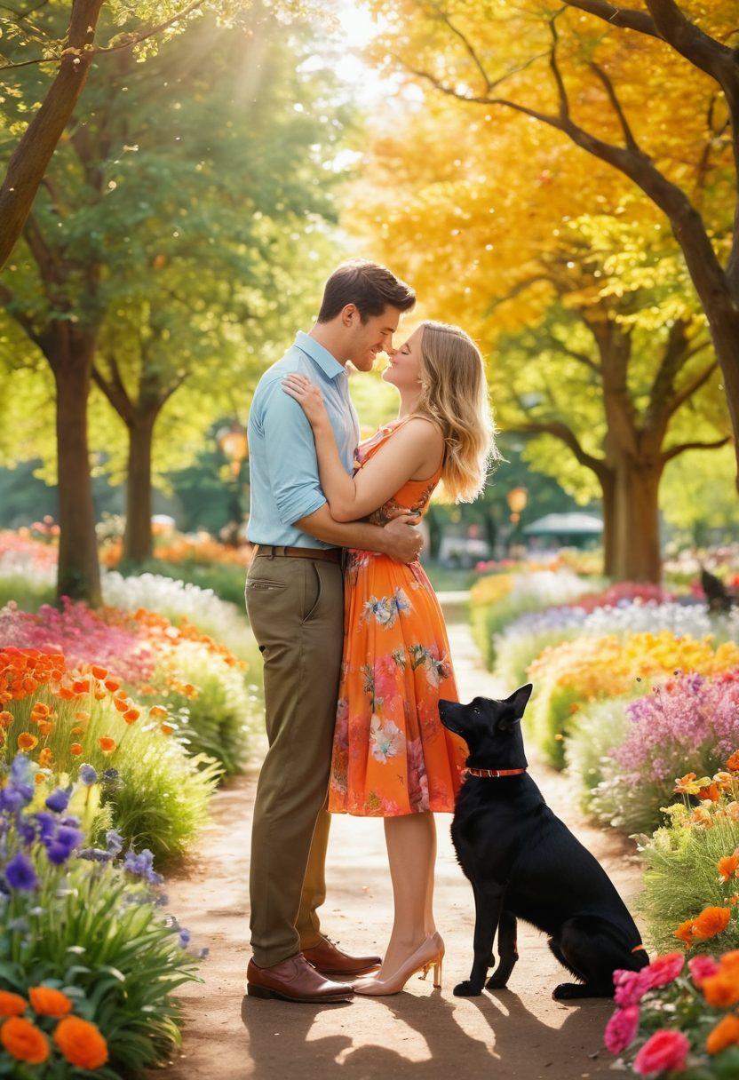 A whimsical scene of a couple embracing in a park, surrounded by playful furry companions like dogs and cats. The couple showcases unconventional romance, with colorful, unique outfits and joyful expressions, while the animals add a sense of love and warmth. The background features vibrant flowers and trees, sun-dappled light creating a dreamy atmosphere. bright colors, illustrative style, magical realism.