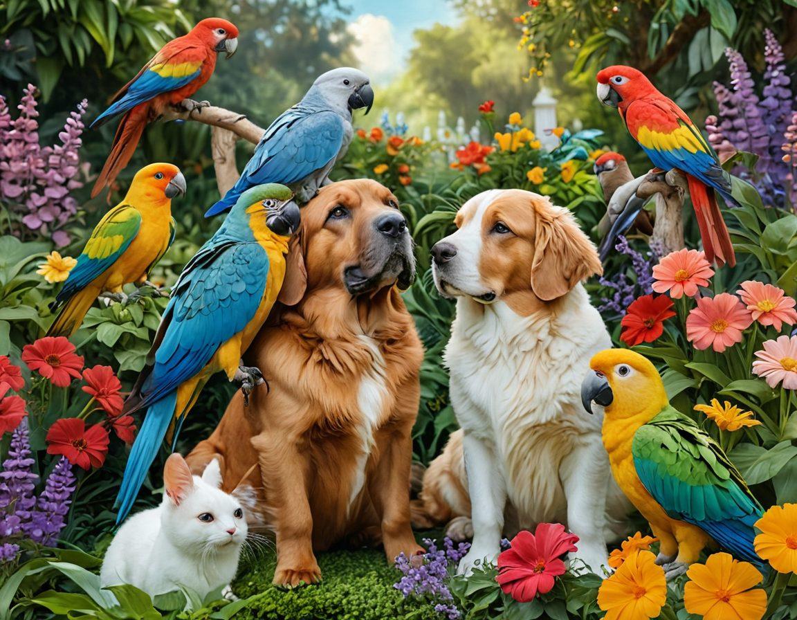 A heartwarming scene of various animals, such as a dog, cat, parrot, and rabbit, cuddling together in a lush, colorful garden. Each animal displays a unique gesture of affection, like nuzzling or playfully interacting, under soft sunlight. The background should be filled with blooming flowers and gentle greenery to evoke a sense of warmth and connection. super-realistic. vibrant colors. dreamy atmosphere.